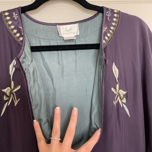 Soft Surroundings silk and embroidered kimono robe plum and tea | L - Picture 12 of 14